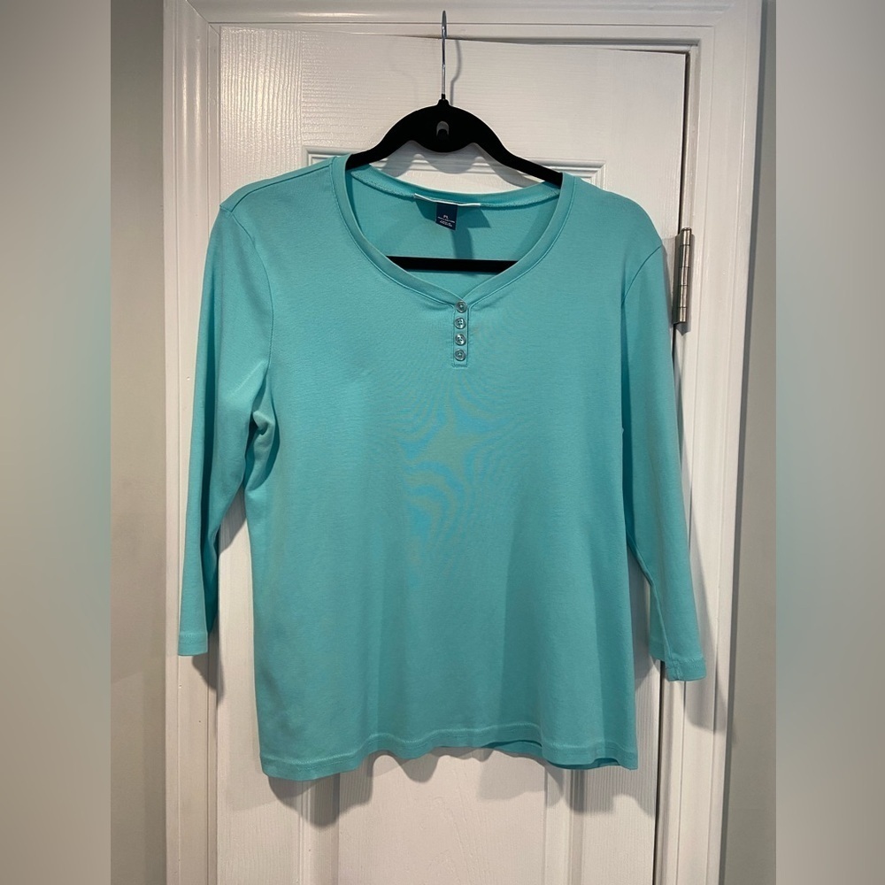 Karen Scott Size LP Aquamarine 3/4 Sleeve Henley Top Cotton Stretch Silver